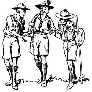 Sketch of three Boy Scouts in an animated conversation